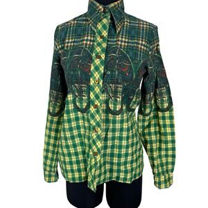 Vintage 70s Cos Cob Plaid Paisley Shirt Dagger Collar Mixed Print Green S M